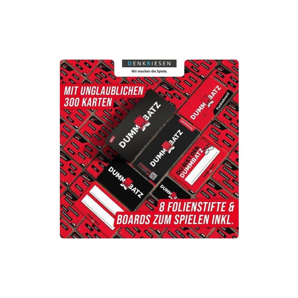 Spiel "Dumm Batz" mit 300 Karten, 8 Folienstiften und Boards.