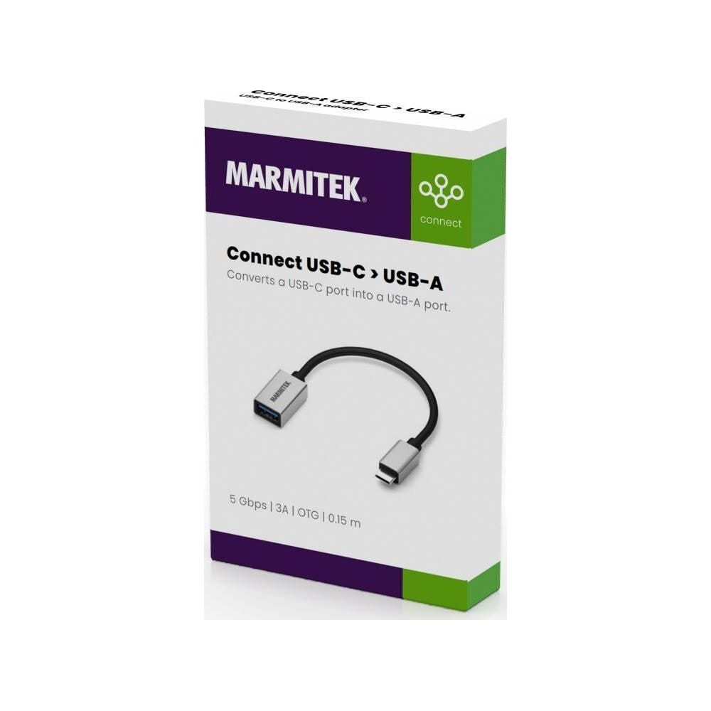 Marmitek USB-C to USB-A adapter cable with two connectors and product details.
