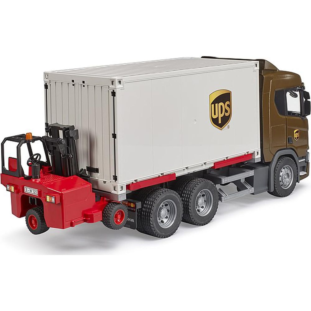 Brązowa ciężarówka UPS z białym kontenerem i czerwoną widłownicą.