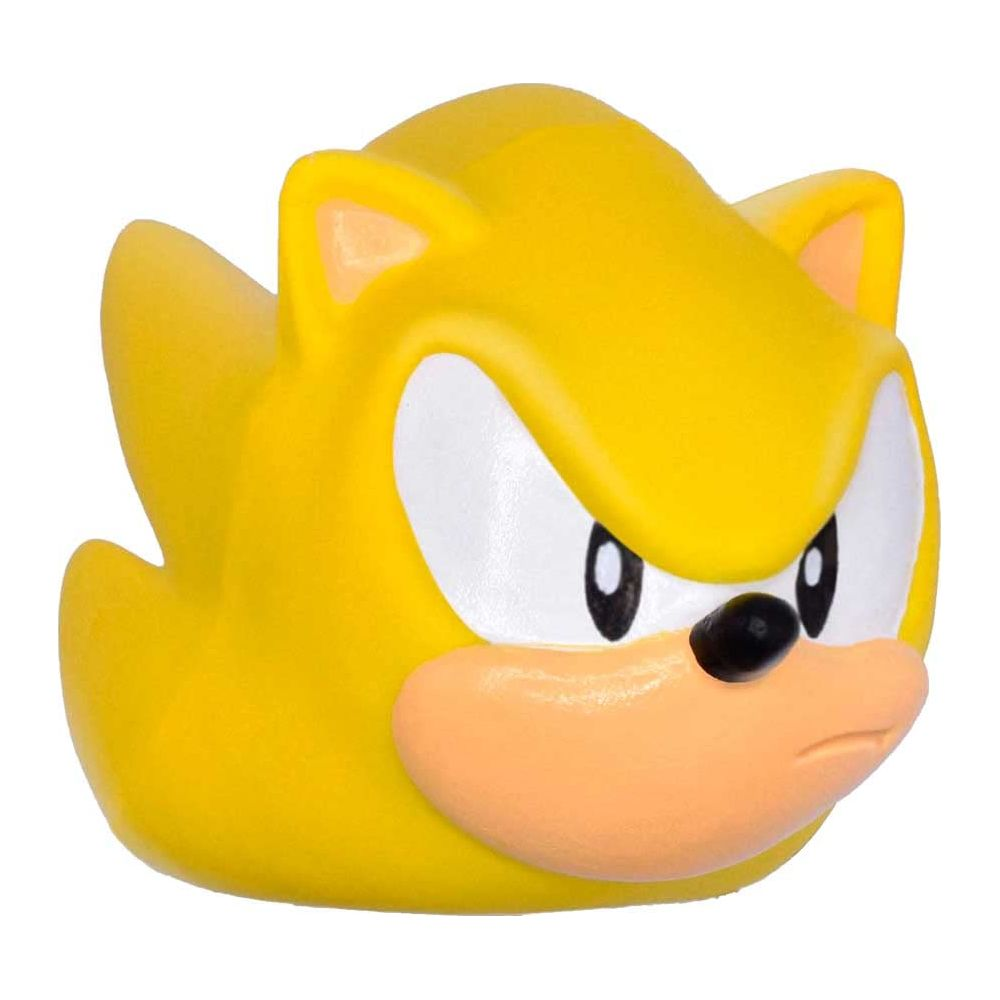 Una figura gialla di Sonic con occhi rossi e muso appuntito.