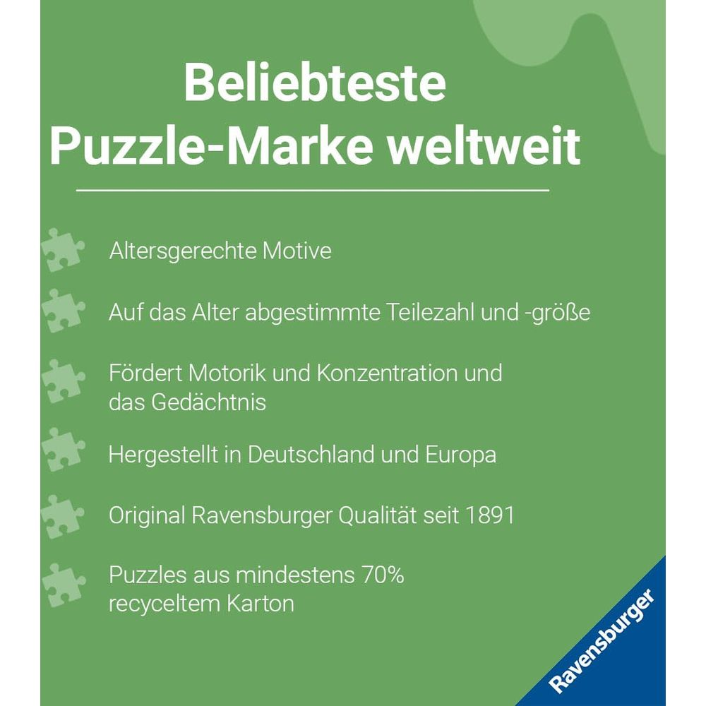 Najpopularniejsza marka puzzli: motywy, rozmiary odpowiednie do wieku, pobudza mózg, niemiecka/europejska, jakość od 1891, z recyklingu.