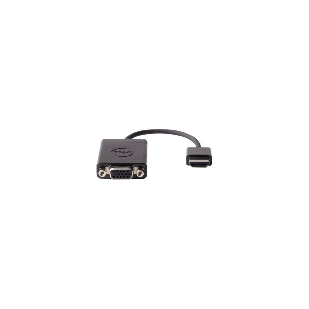 Un adattatore Dell nero con connettori VGA e USB.