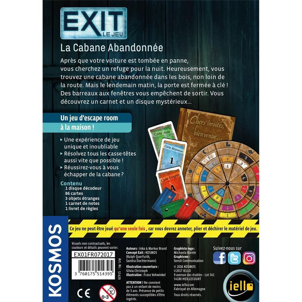 Brettspiel-Box für 'EXIT - Das Spiel: Die Hütte'. Enthält Karten, eine Anleitung und ein Spielbrett.