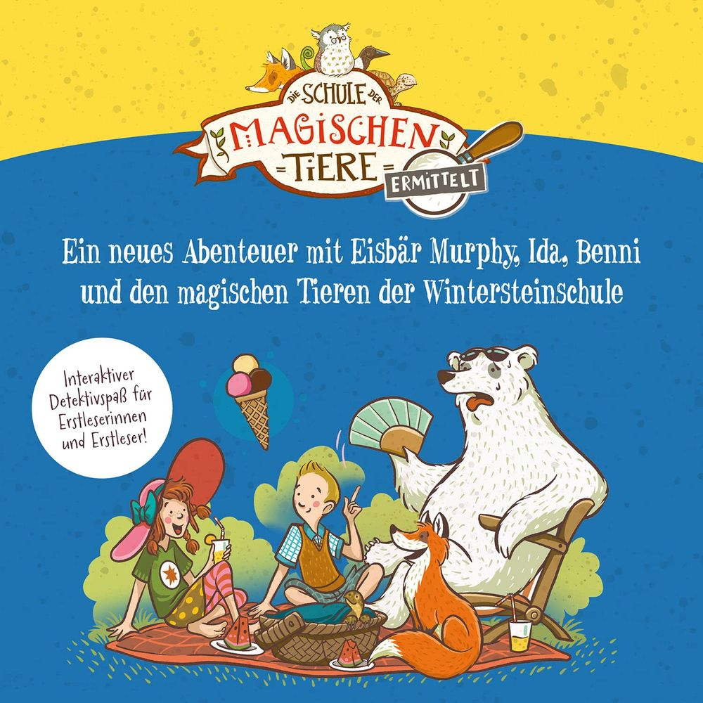 Ein Eisbär, Fuchs und Kinder relaxen auf einer Decke mit Eis.