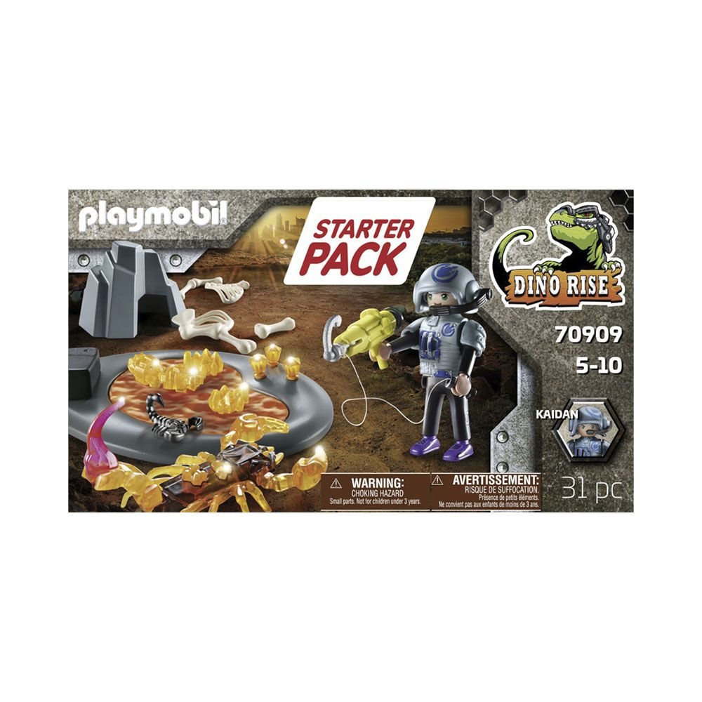 Playmobil Dino Rise Starter Pack z astronautą, skorpionem i szkieletami dinozaurów.
