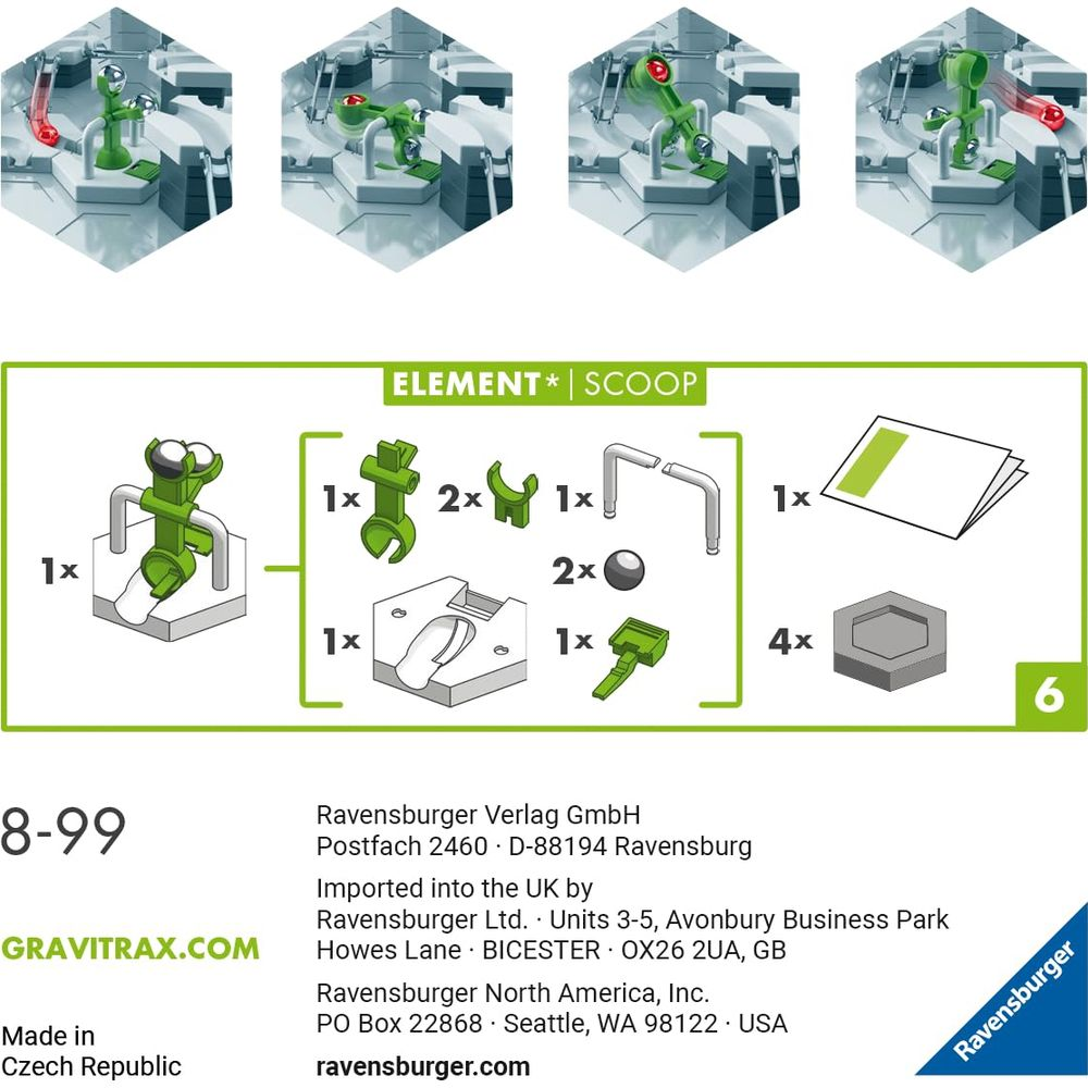 Ravensburger Gravitrax Scoop-Element mit Aufbauanleitung und Einzelteilen.