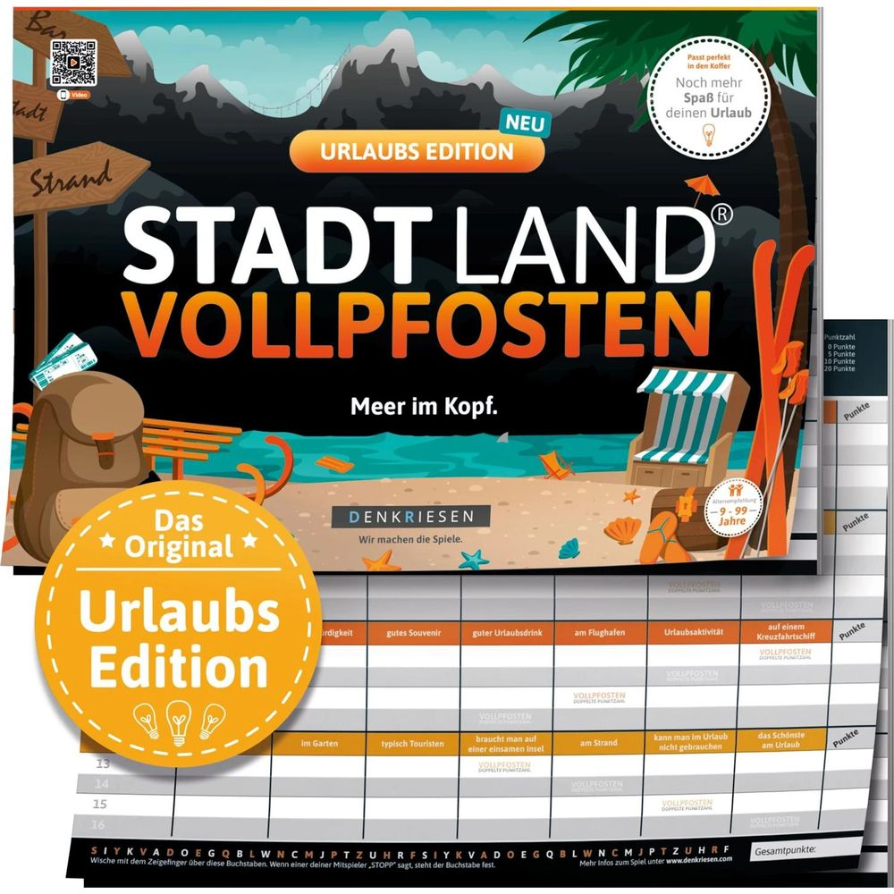 Spielbrett für Stadt, Land, Vollpfosten, Urlaubs-Edition mit Strand, Bergen und Spielanleitung.