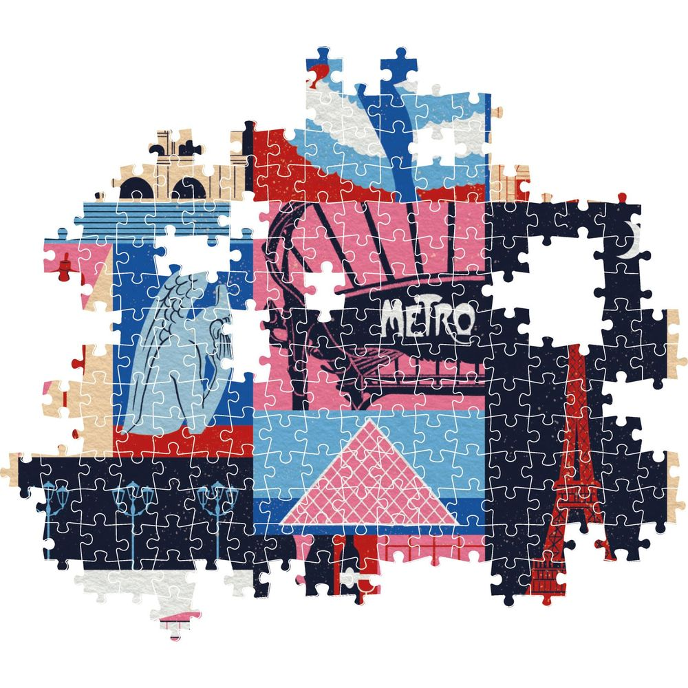 Un rompecabezas representa París: Torre Eiffel, letrero Metro, ángel y puente.