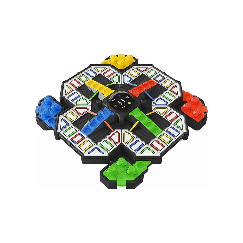 A colorful board game with four player areas in red, blue, yellow, and green.