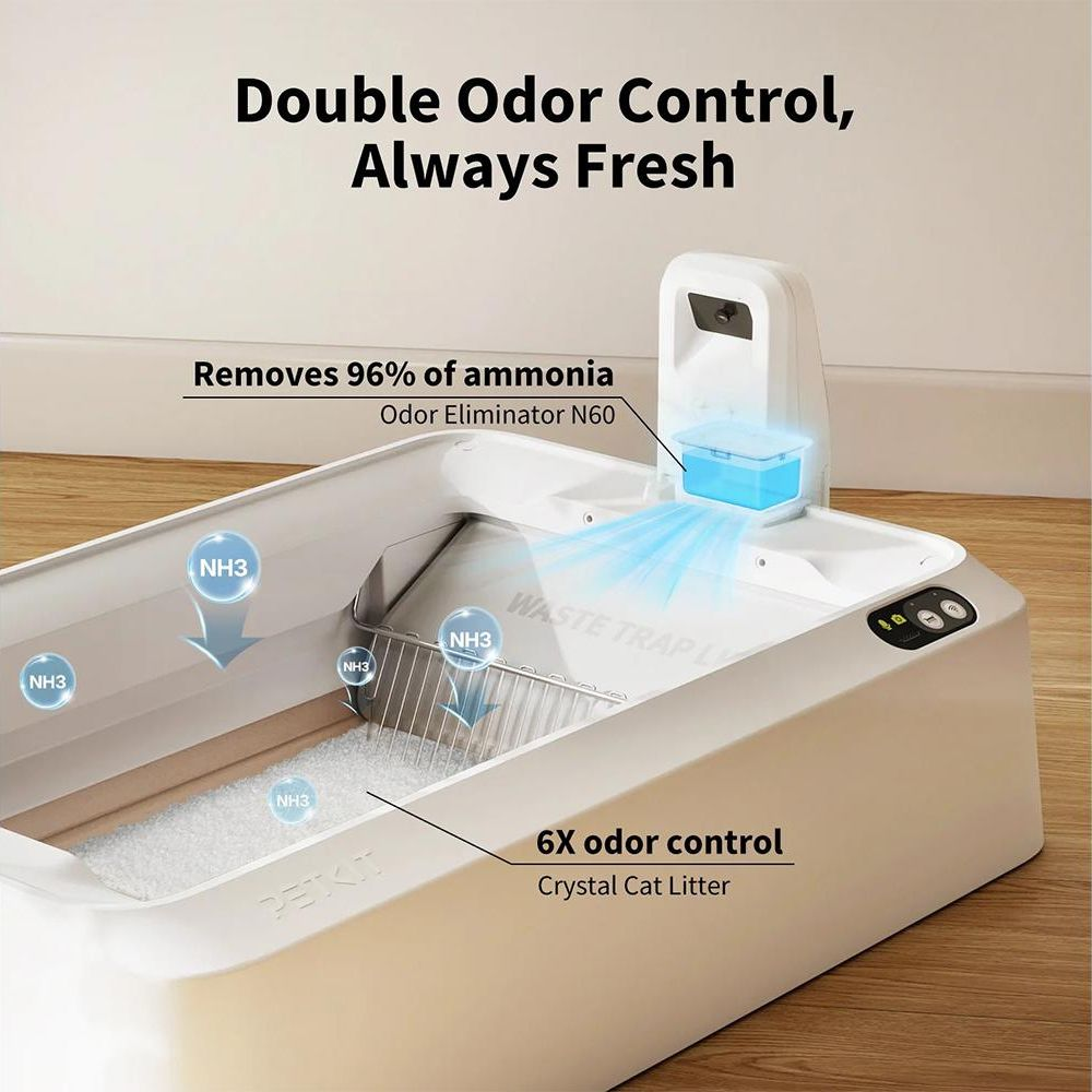 Lettiera automatica per gatti con eliminatore di odori che rimuove ammoniaca.