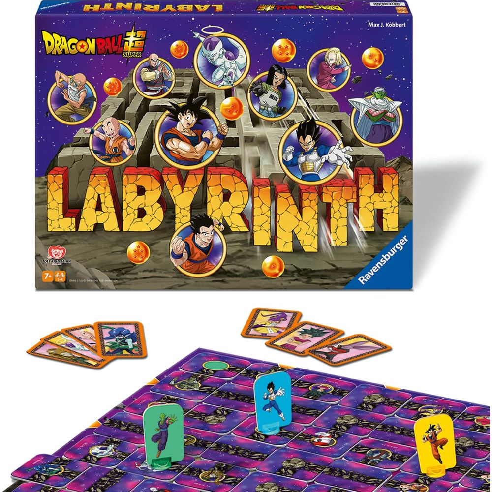 Scatola e tabellone del gioco da tavolo Labyrinth di Dragon Ball Z con personaggi come Goku e Vegeta.