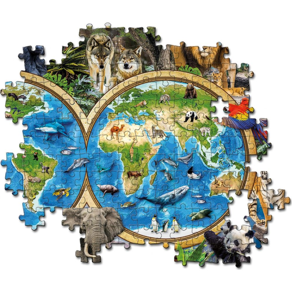 Puzzle pokazuje mapę świata ze zwierzętami. Wilki, lwy, słonie, wieloryby, delfiny, pandy.
