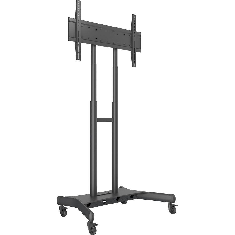 Un supporto TV mobile scuro con ruote e un supporto.