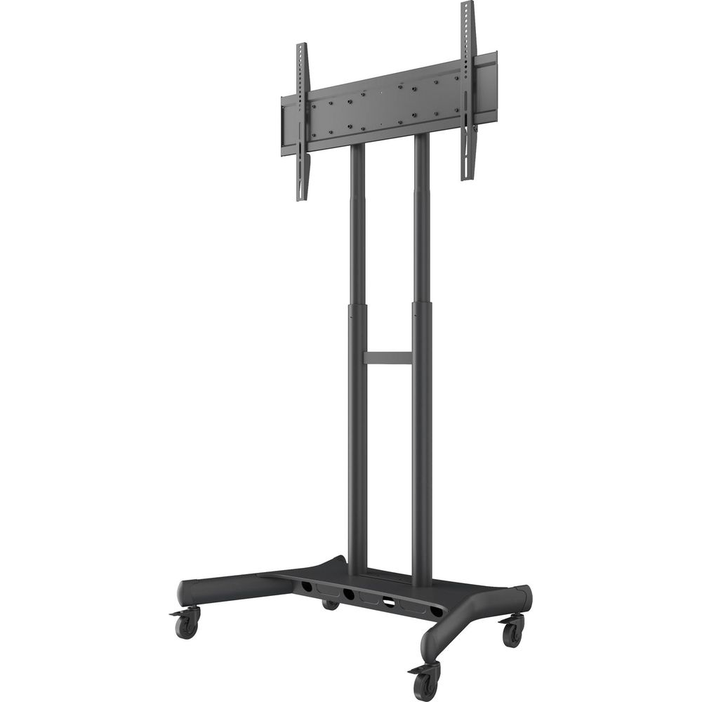 Supporto TV mobile grigio scuro con due pali verticali, base con ruote e supporto per schermo.