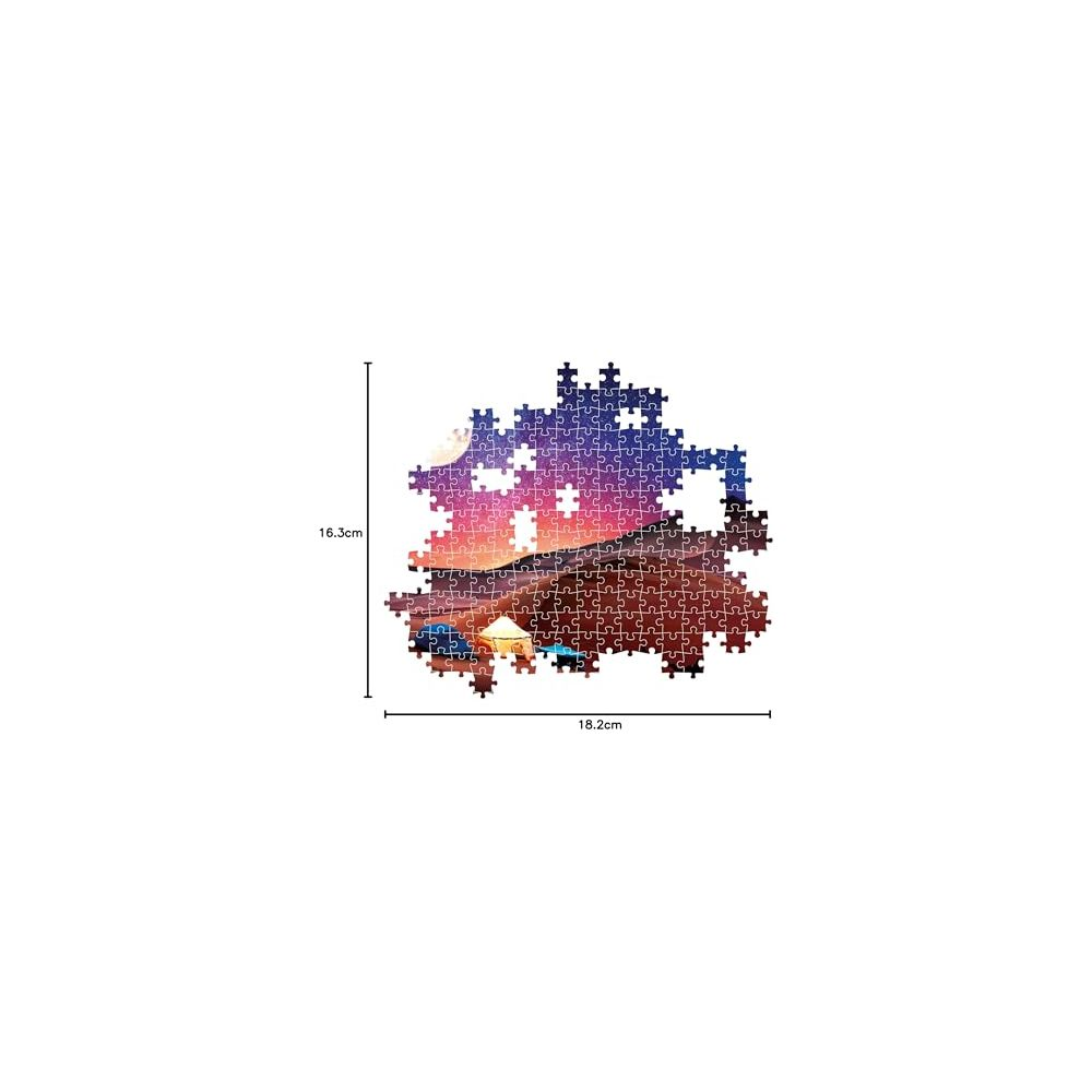 Ein unvollständiges Puzzle mit einem Nachthimmel, Mond und Zelten.