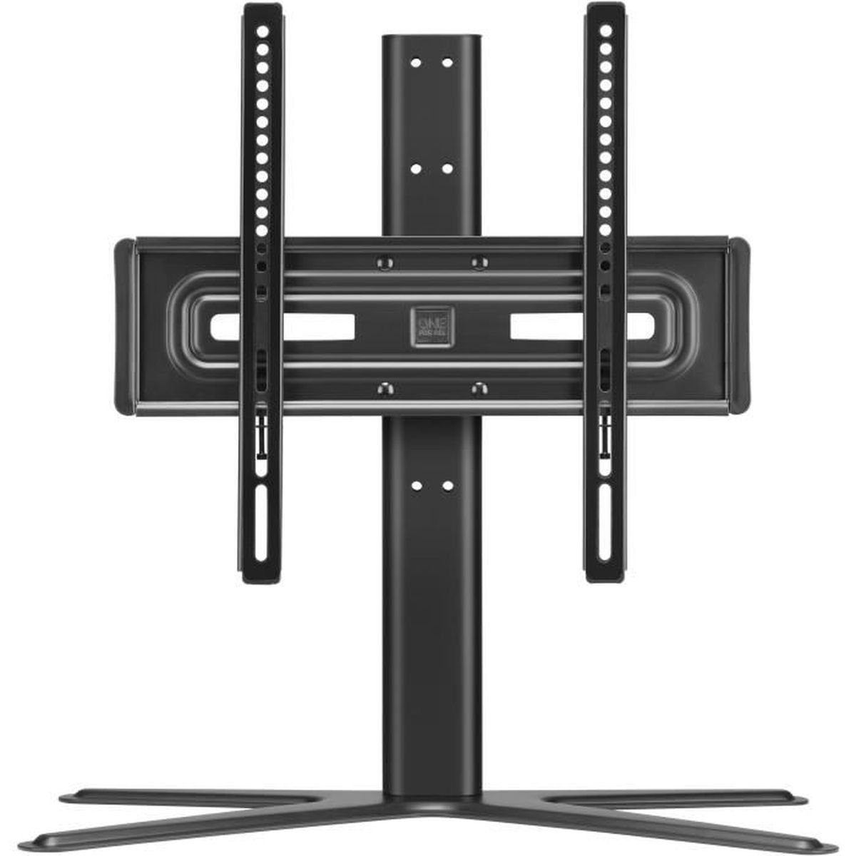 Schwarzer TV-Ständer mit verstellbaren Halterungen und breiter Basis.