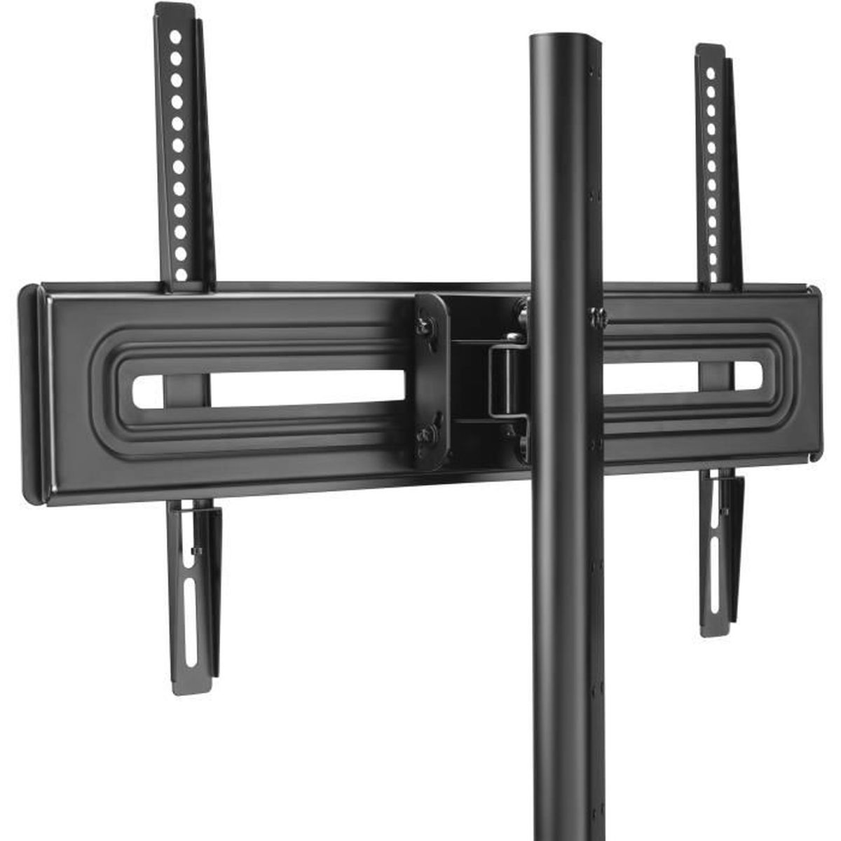 Schwarze TV-Wandhalterung mit verstellbarem Arm und Ständer. Weißer Hintergrund.