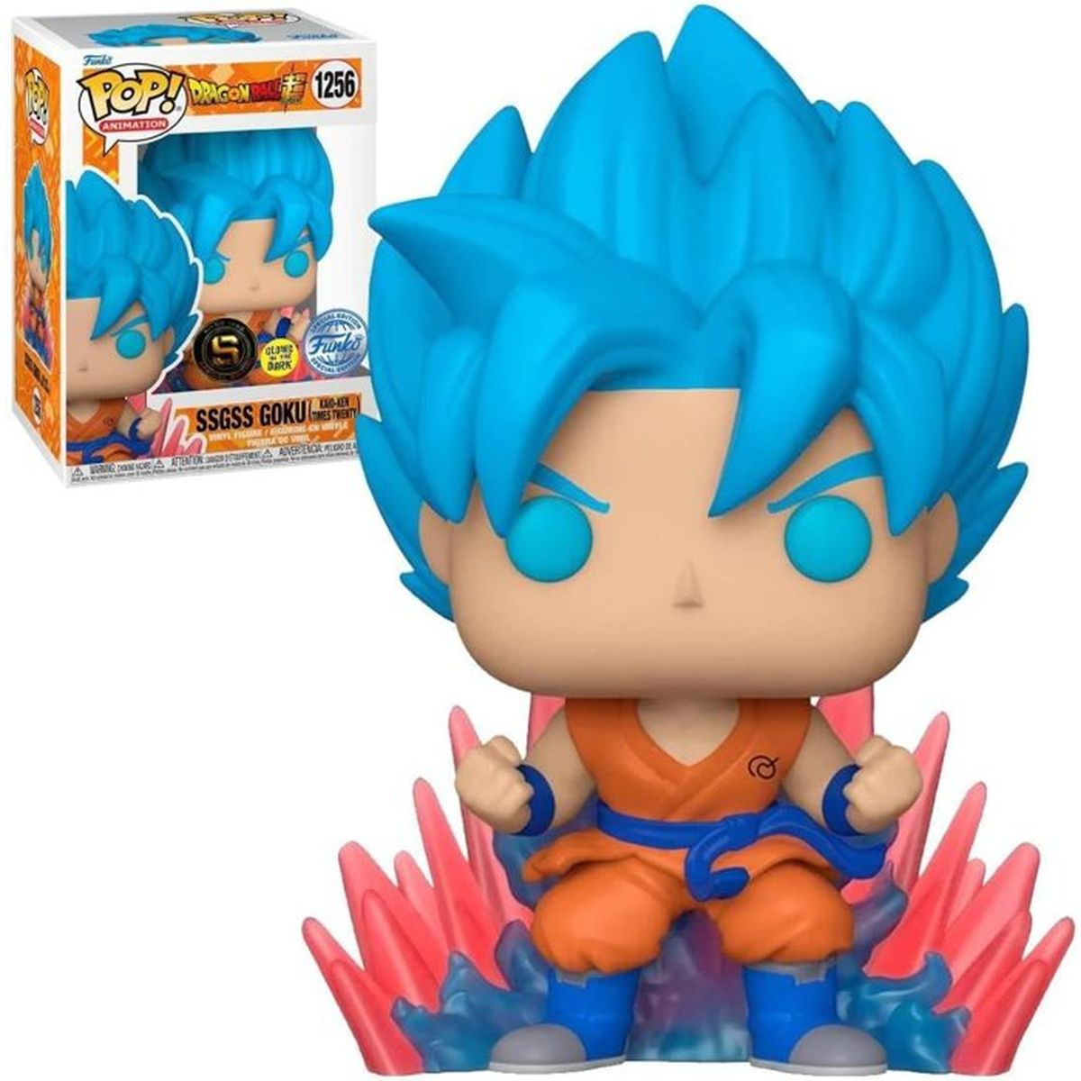 Action figure Funko Pop di Super Saiyan Blue Goku in gi arancione, capelli blu, su base energetica rosa.
