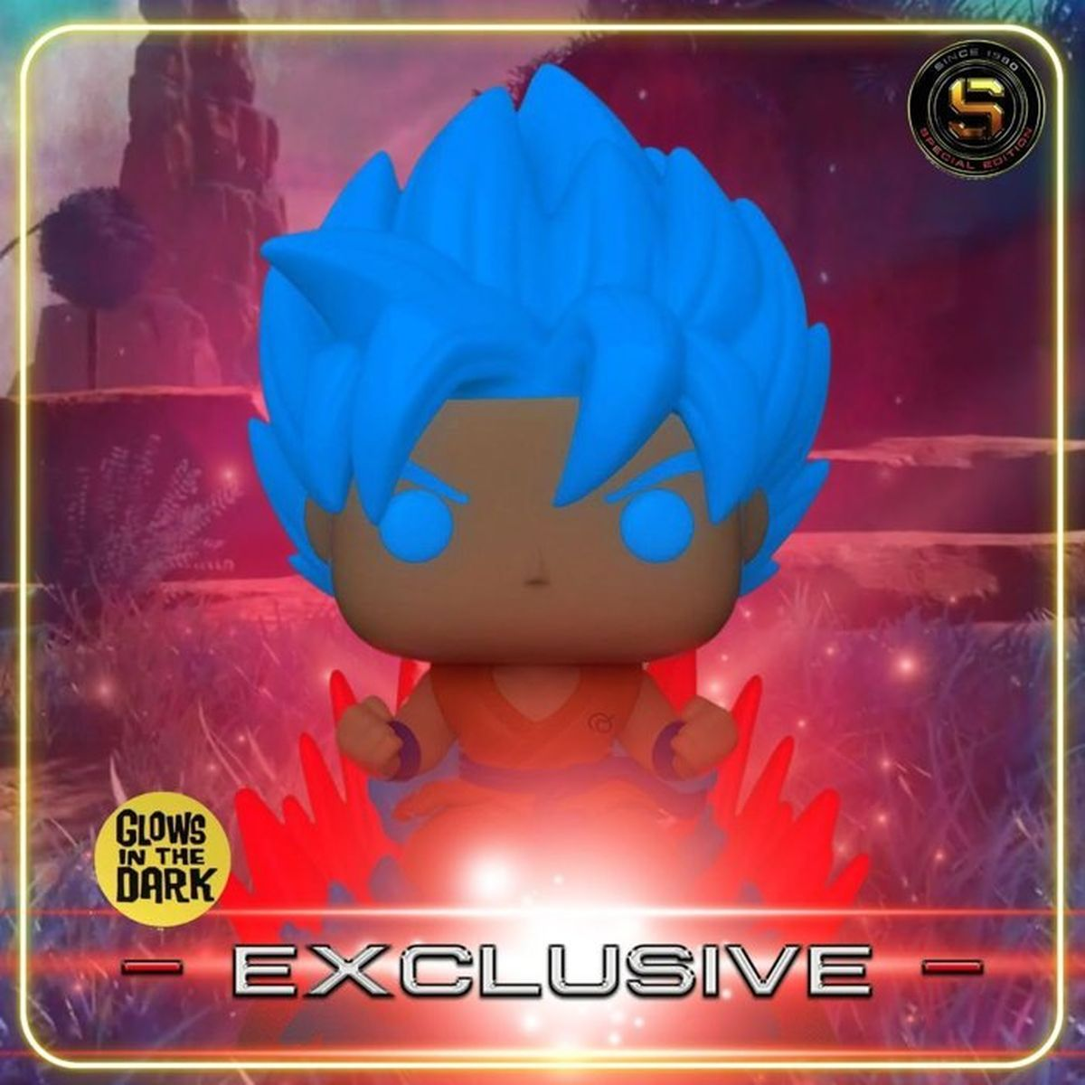 Statua Funko Pop con capelli blu, outfit arancione, si illumina al buio.