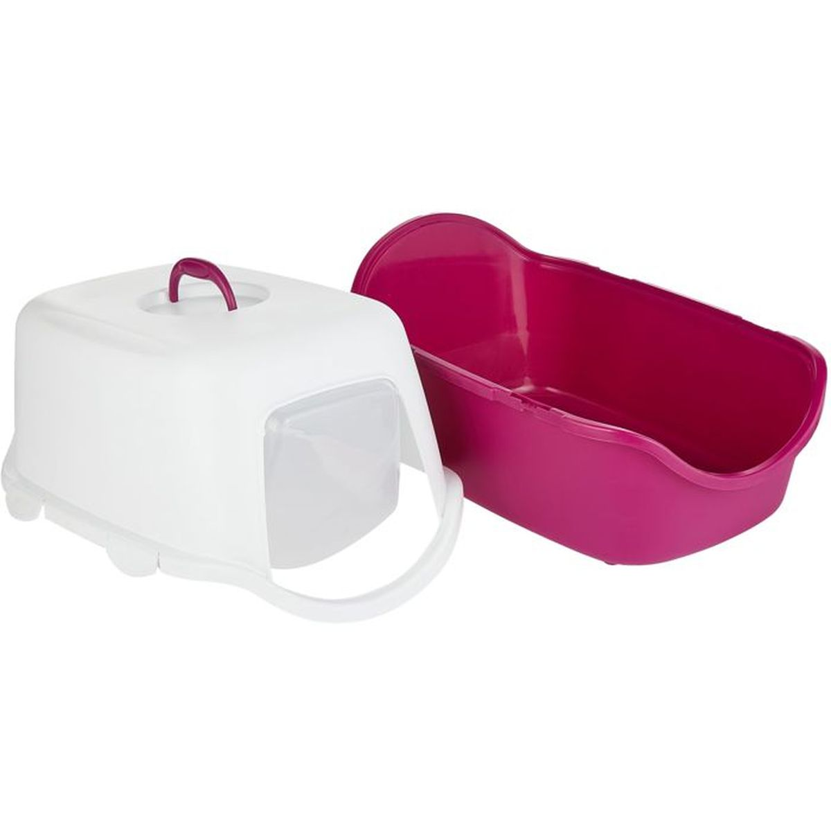 Un contenitore bianco con manico e una vaschetta rosa affiancati.