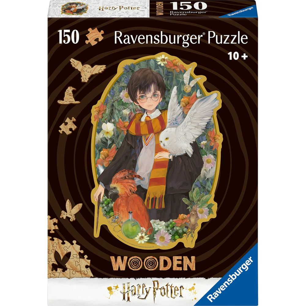 Harry Potter Puzzle-Box-Kunst: Harry mit Eule, Phönix und Blumen.