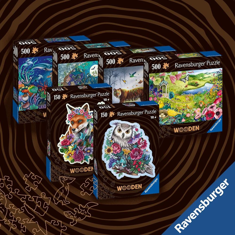 Varie scatole di puzzle Ravensburger con disegni di animali come volpe, gufo e tigre.