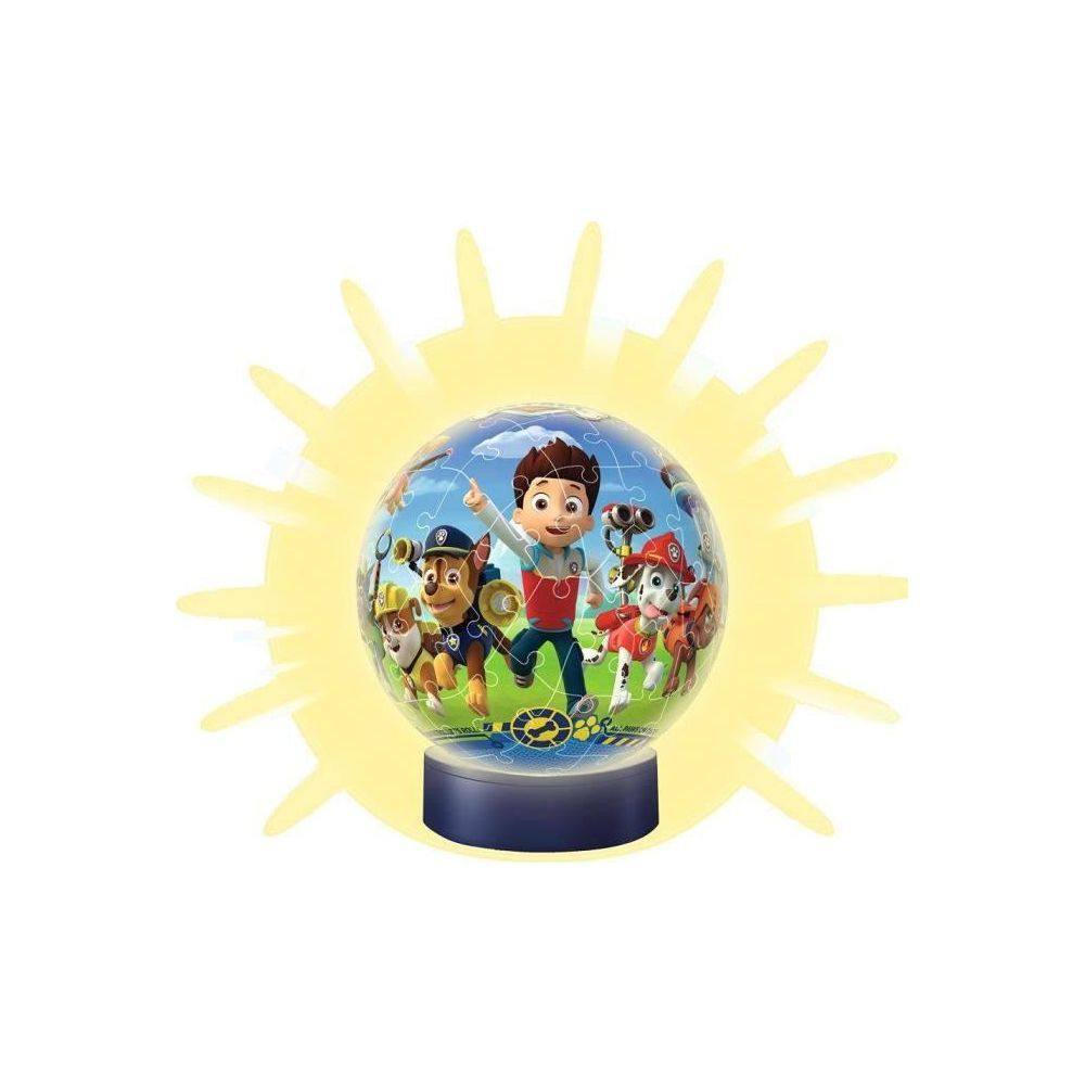 Ein Paw Patrol Ballpuzzle mit Ryder und den Welpen vor einem gelben Sonnenstrahl.