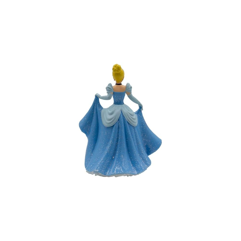 Figura de Cenicienta con vestido azul brillante, vista de espaldas.