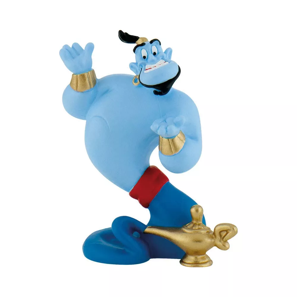 Figura de genio azul con brazaletes dorados y cinturón rojo junto a una lámpara dorada.