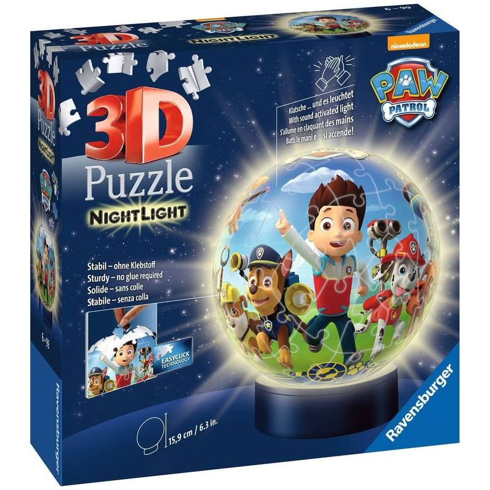 3D Paw Patrol Puzzle Nachtlicht mit Chase, Marshall und Rubble auf einer leuchtenden Kugel.