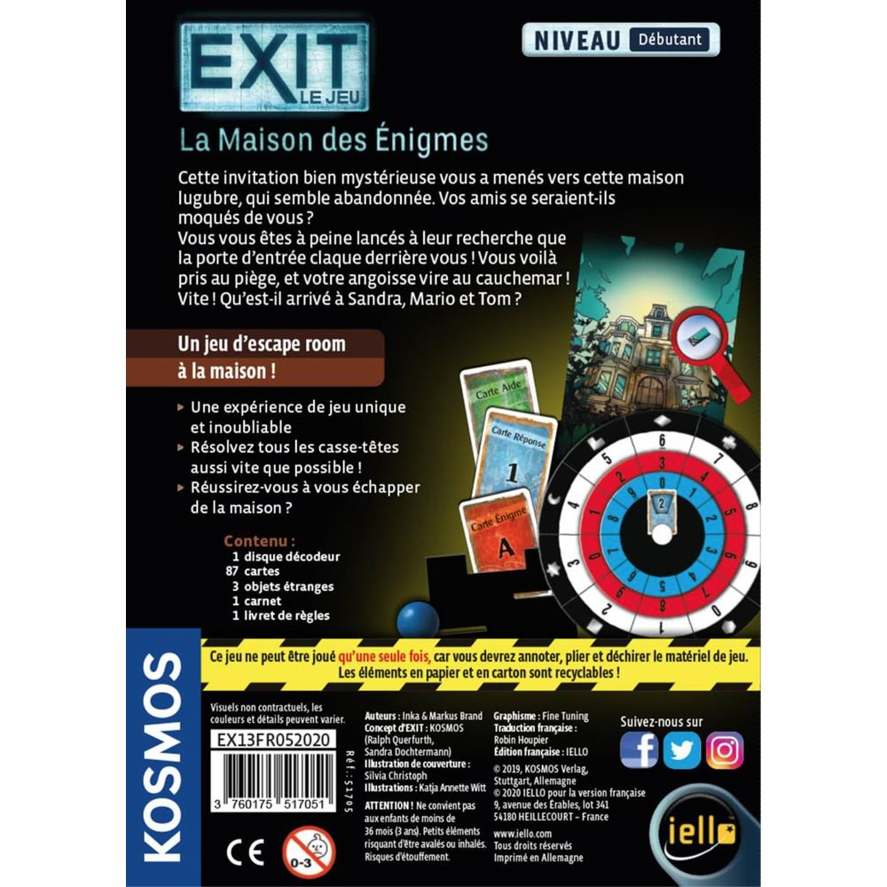 Brettspiel-Box "EXIT: Das Spiel - Die vergessene Hütte" mit Spielkarten und einem Drehrad.