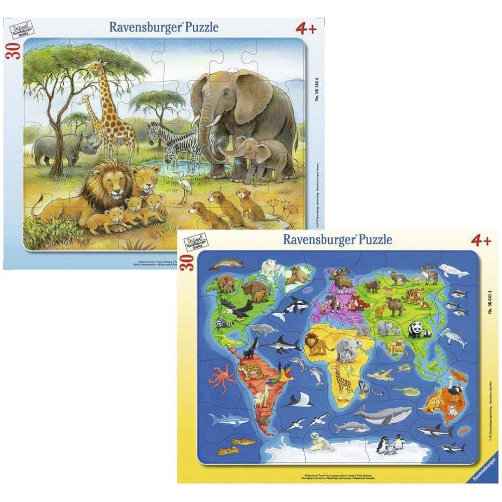 Dwa puzzle Ravensburger: zwierzęta na sawannie i zwierzęta na mapie świata.