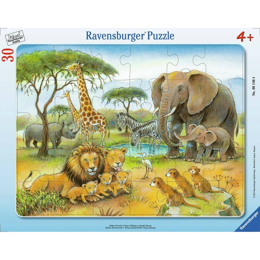 Ein buntes Puzzle zeigt afrikanische Tiere: Löwen, Elefanten, Giraffen, Zebras, Nashorn, Erdmännchen.