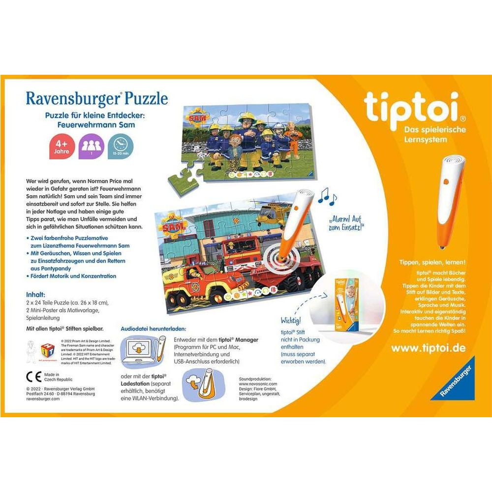 Puzzle Ravensburger: Sam il pompiere con penna tiptoi. 2x24 pezzi, età 4+.