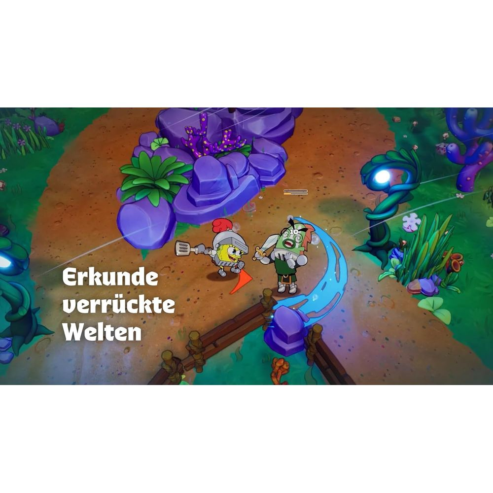 SpongeBob e Patrick combattono con armi in un mondo alieno e colorato.