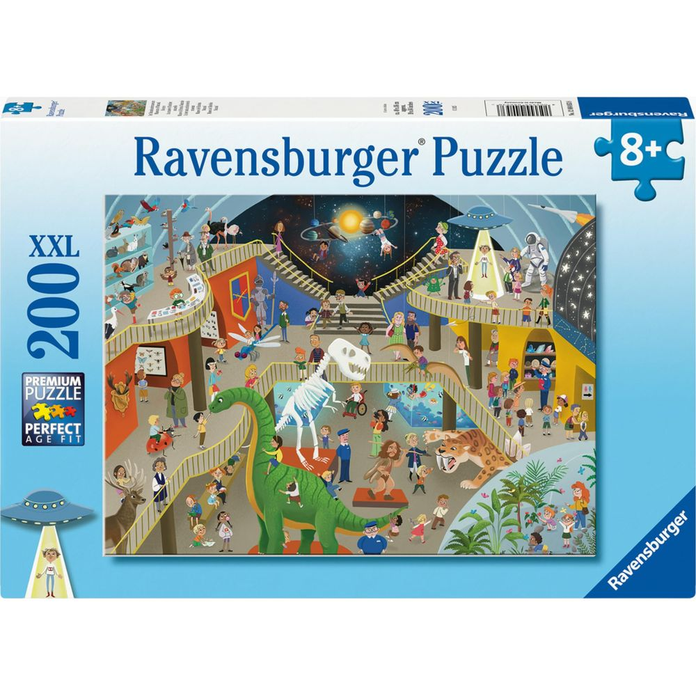Ravensburger Puzzel: Een museumscène met dinosaurussen, sterren en veel mensen.