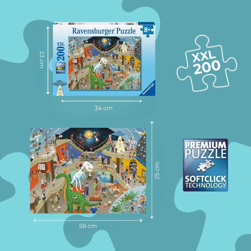 Ravensburger XXL puzzel van 200 stukjes met dinosaurussen, mensen en ruimtethema.