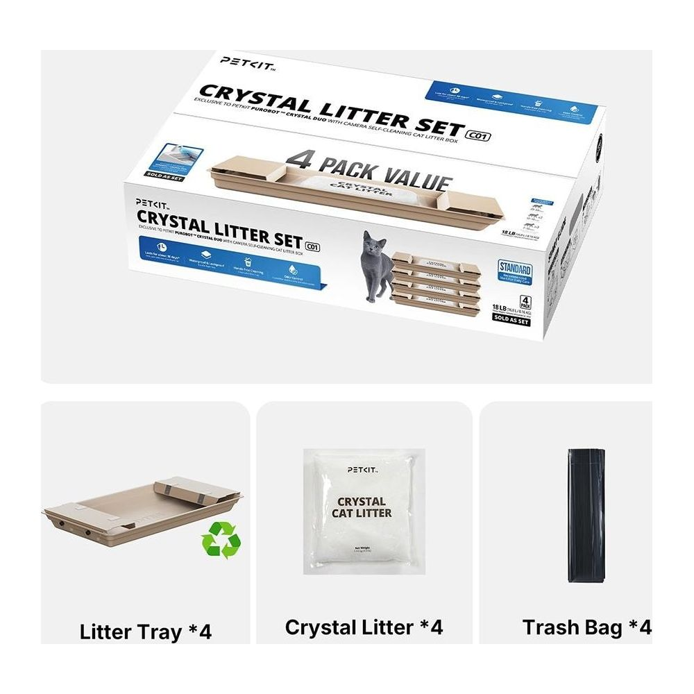 PETKIT Kristall-Katzenstreu-Set: 4er-Pack mit Streuwanne, Kristallstreu und Müllbeuteln.