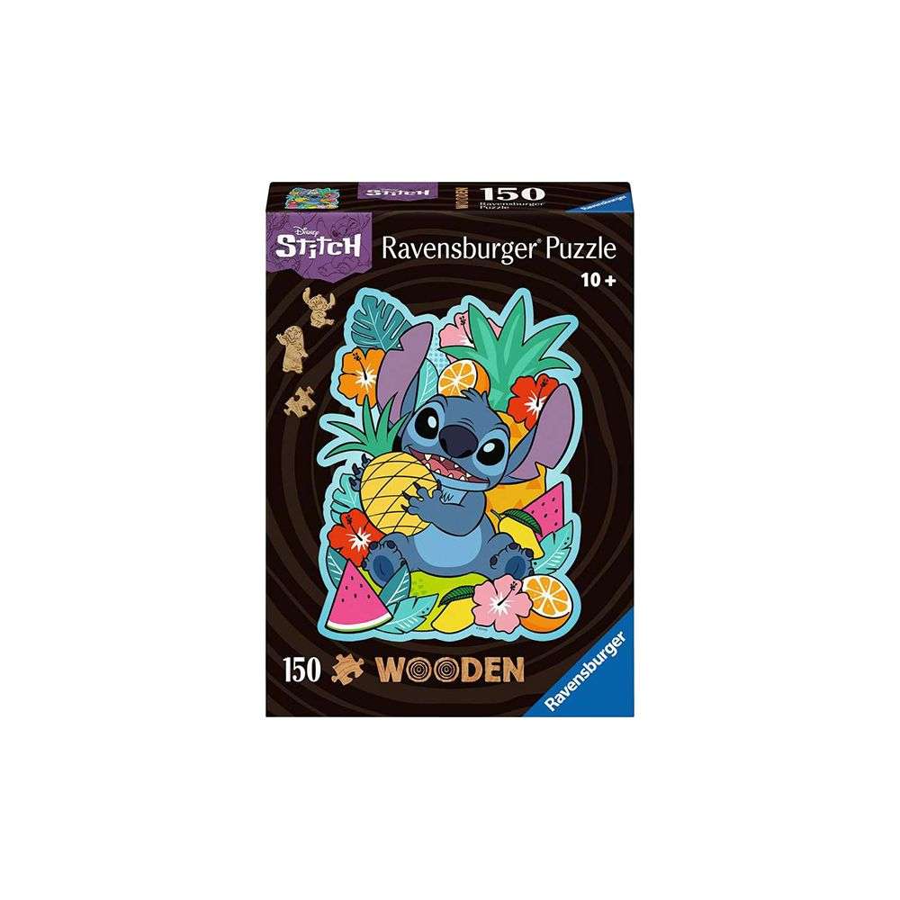 Stitch siedzi na owocach, trzymając ananasa. Drewniane puzzle Ravensburger 150 elementów.
