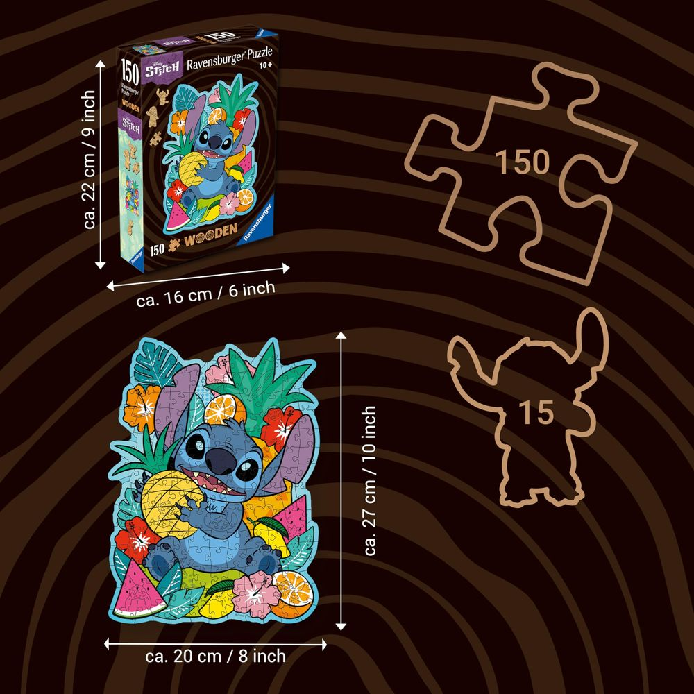 Stitch trzyma ananasa, otoczony owocami i kwiatami. Obok pudełko z puzzlami.