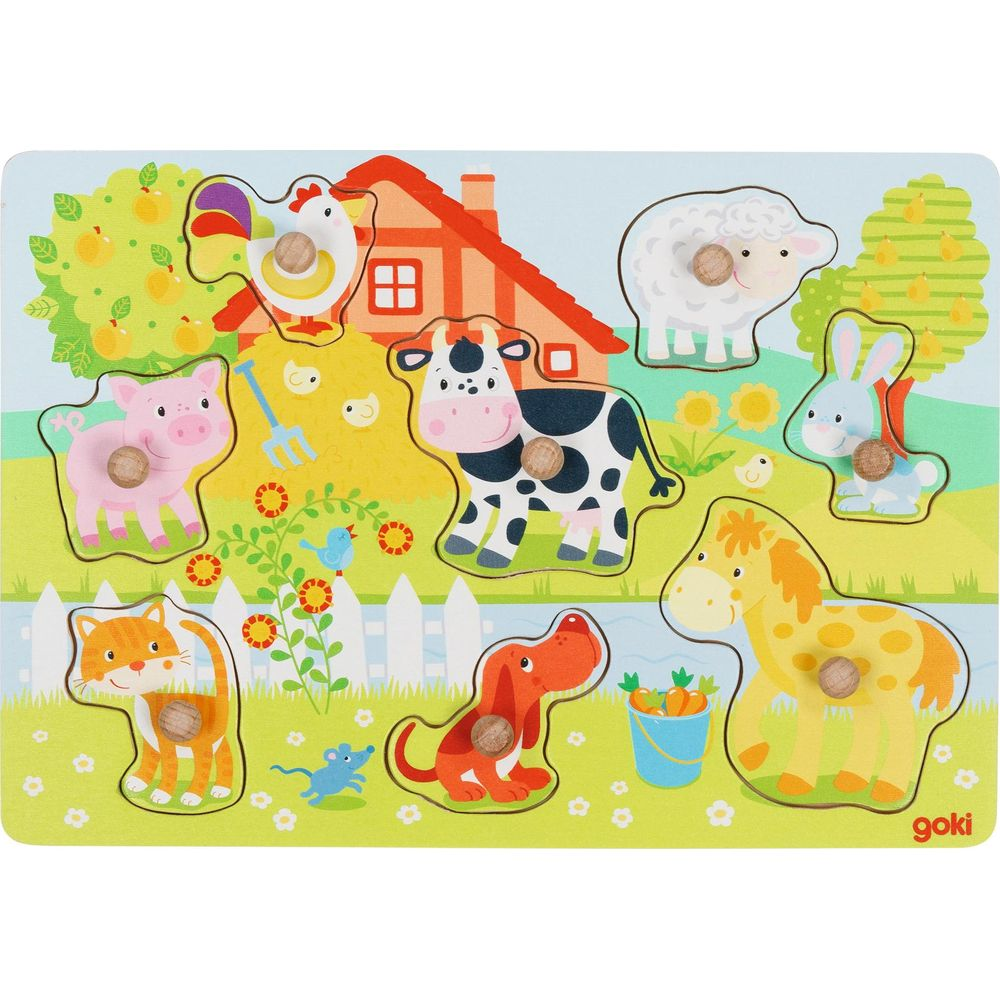 Bauernhof-Puzzle mit Huhn, Schwein, Kuh, Schaf, Katze, Hund, Maus, Pferd und Hase.