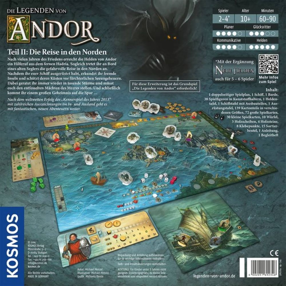 Spielbrett mit Inseln, Schiffen und Figuren. Text und Logos oben.