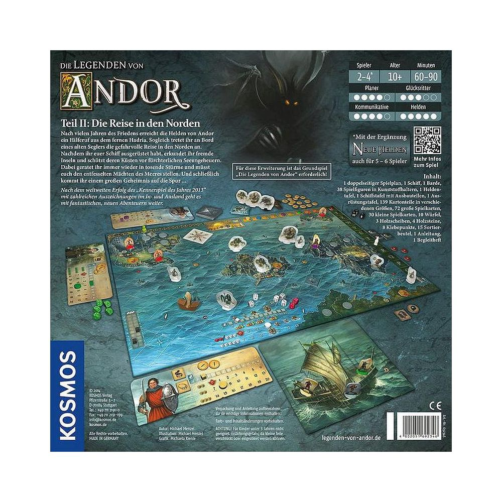 Brettspiel-Erweiterung 'Die Legenden von Andor: Die Reise in den Norden' mit Spielplan, Figuren und Schiff.