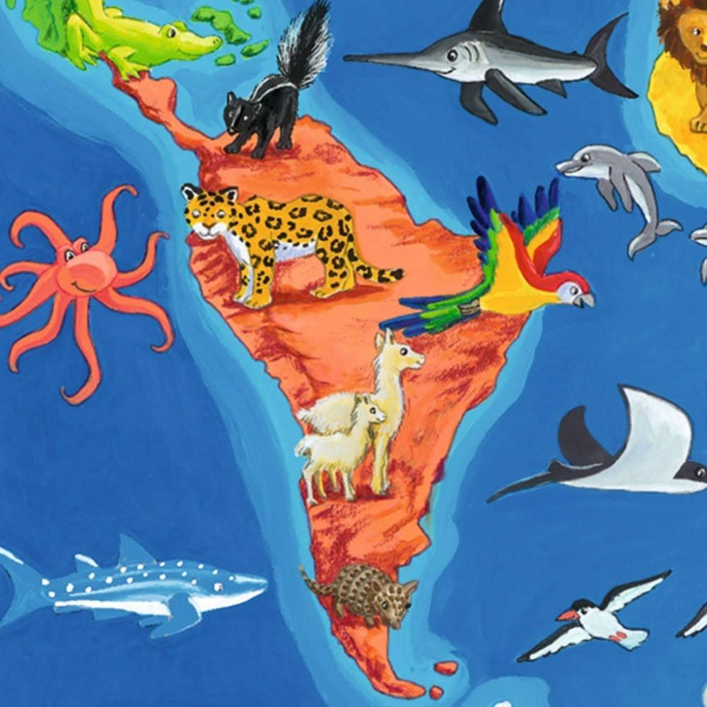 Een kleurrijke kaart van Zuid-Amerika met diverse dieren zoals een jaguar, lama, papegaai en octopus.