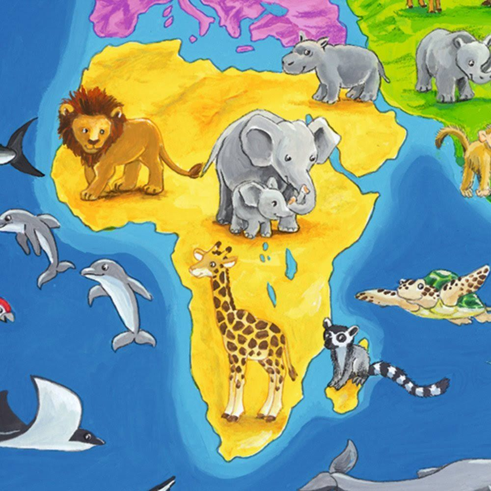 Kleurrijke kaart van Afrika met cartoon-dieren zoals olifanten, leeuwen en giraffen.