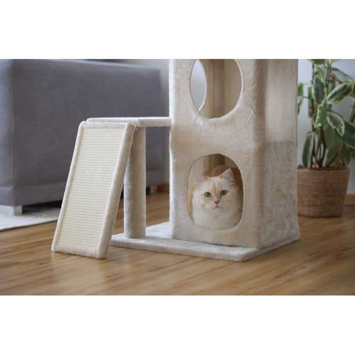 Un gato se sienta dentro de un árbol rascador beige claro con dos aberturas.