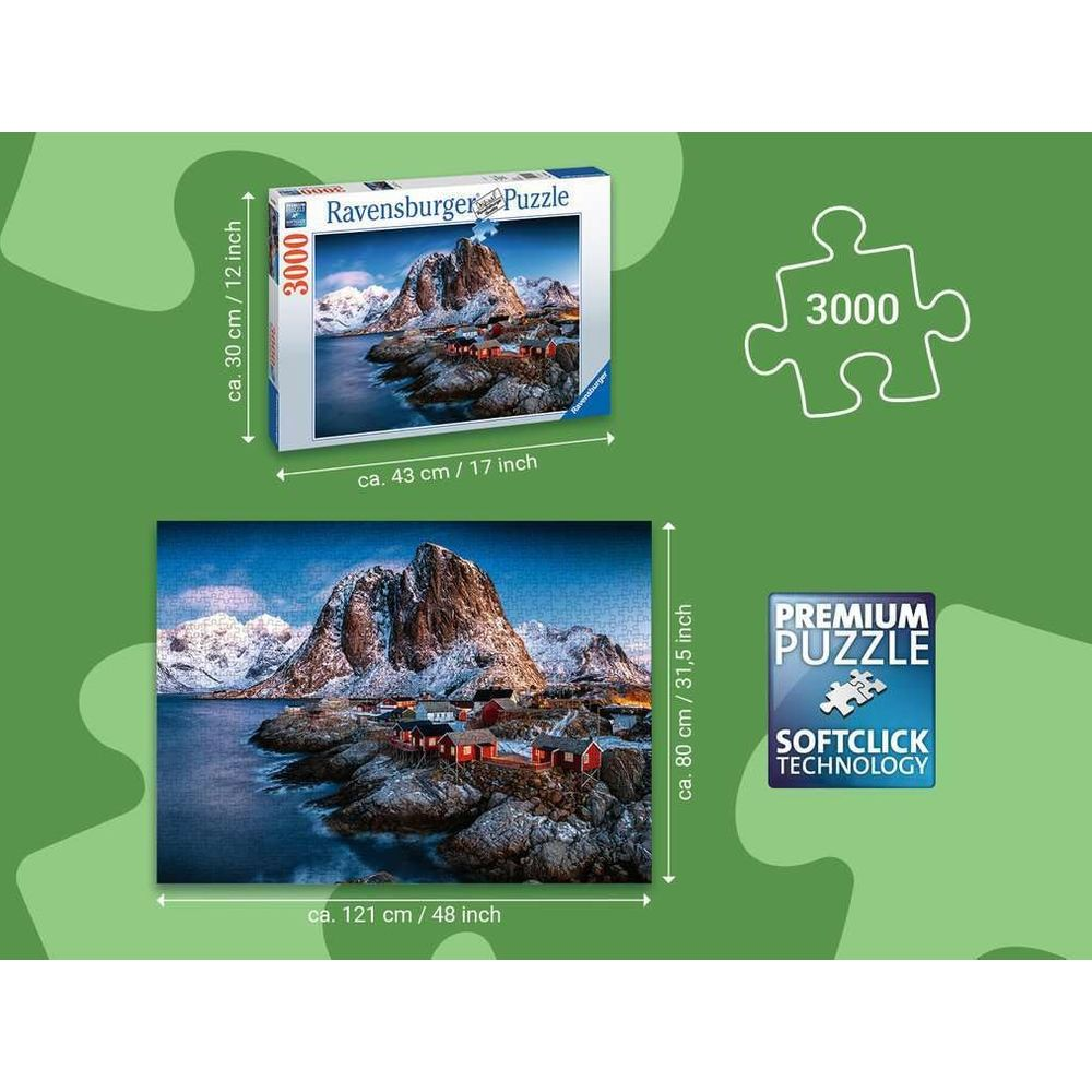 Ravensburger Puzzle mit 3000 Teilen, zeigt rote Häuser am Wasser.