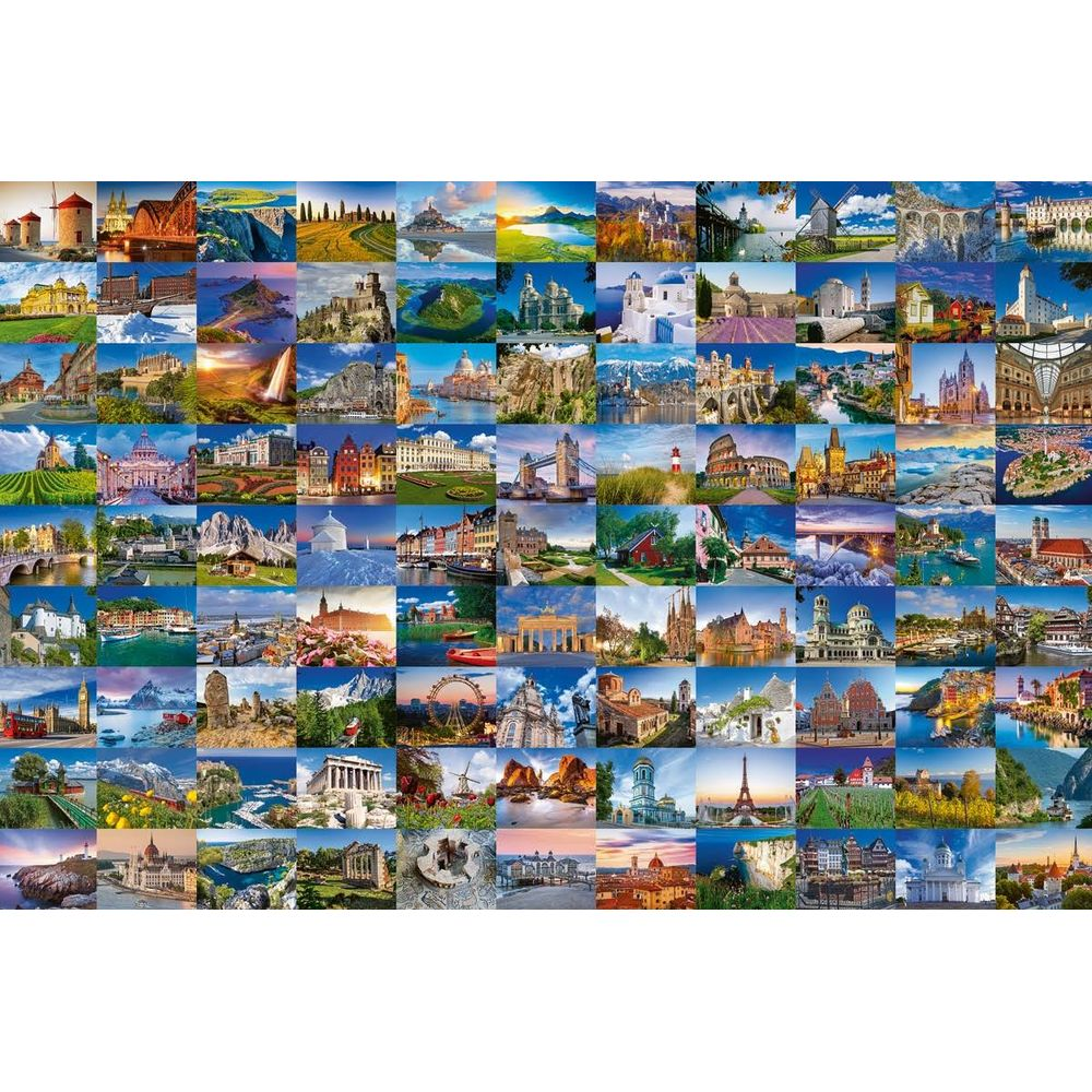 Collage de monuments européens : châteaux, villes, merveilles naturelles.