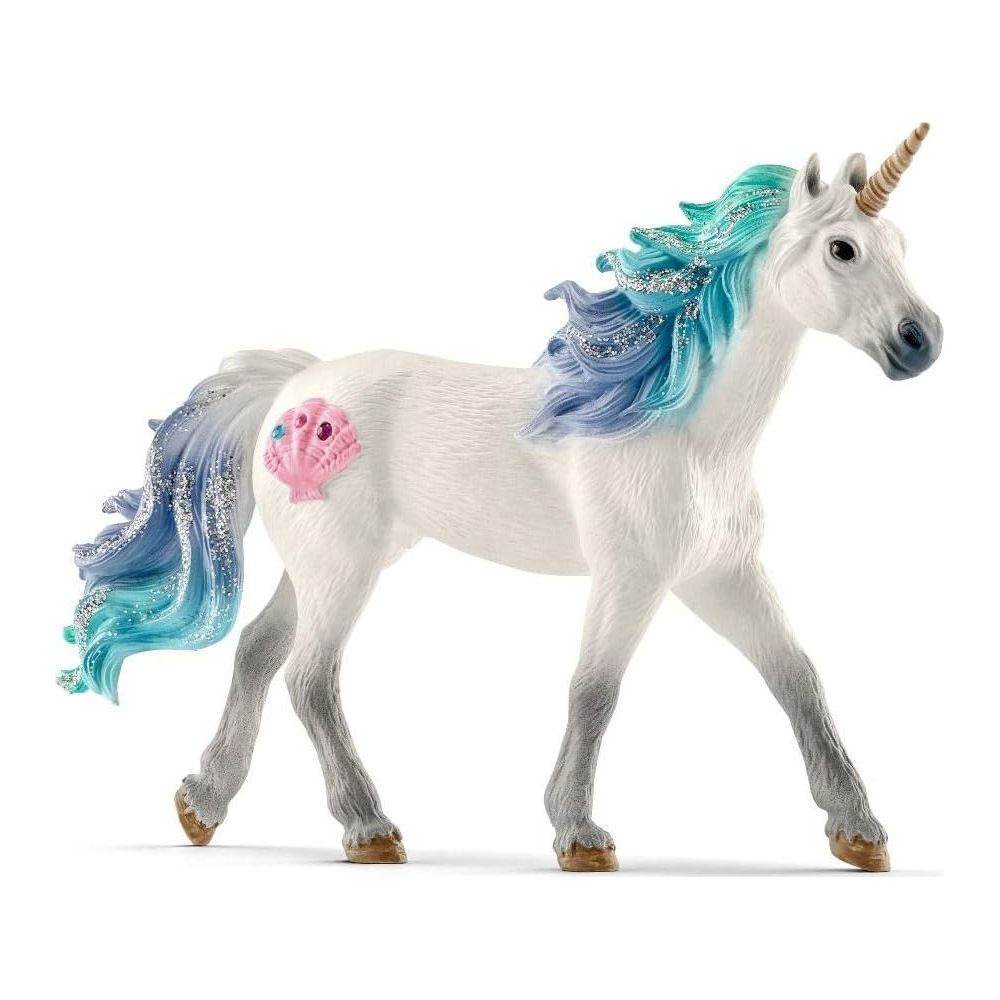 Biały jednorożec z niebiesko-turkusową grzywą, brokatem i różowym detalem muszli.