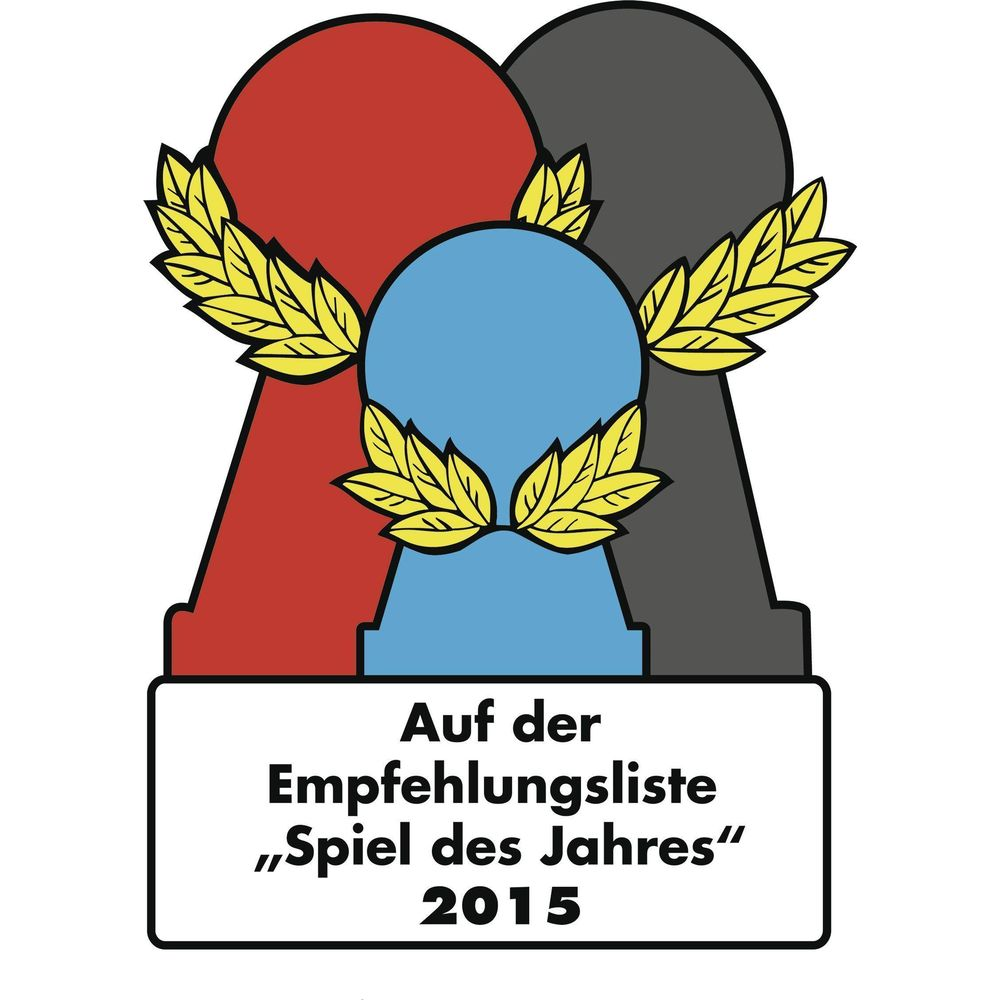 Drei Spielfiguren (rot, blau, grau) mit Lorbeerkranz, "Auf der Empfehlungsliste".